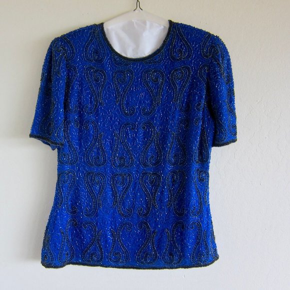 Vintage STENAY deep blue evening or cocktail beaded top, size Medium - Picture 1 of 5